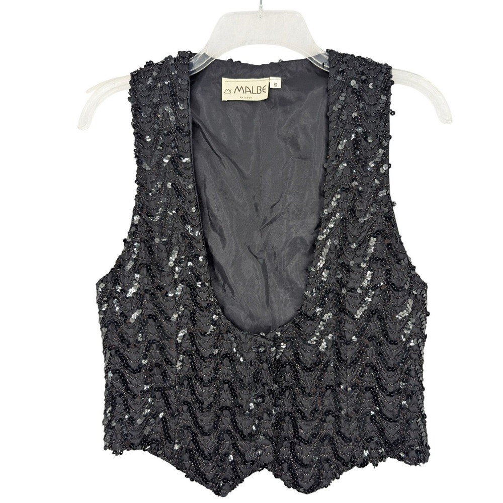 Malbe Vintage‎ Black Sequin Cropped Vest Womens Small V-Neck Zig Zag Glam
